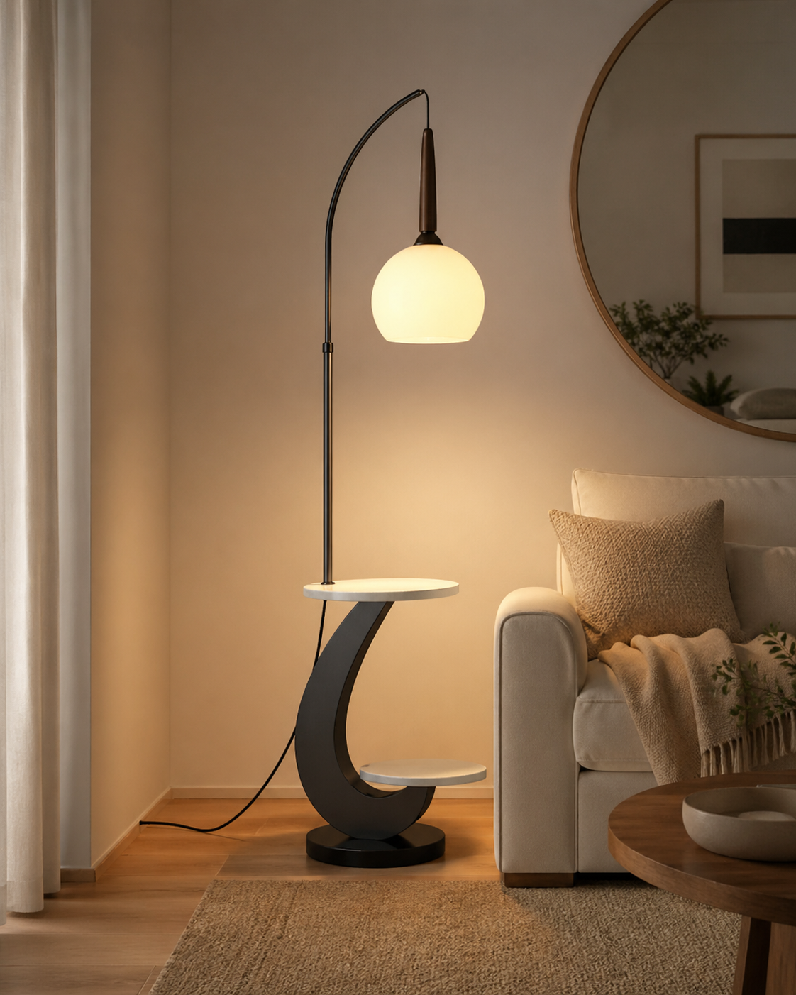 Crescent Tray Globe Side Table Floor Lamp