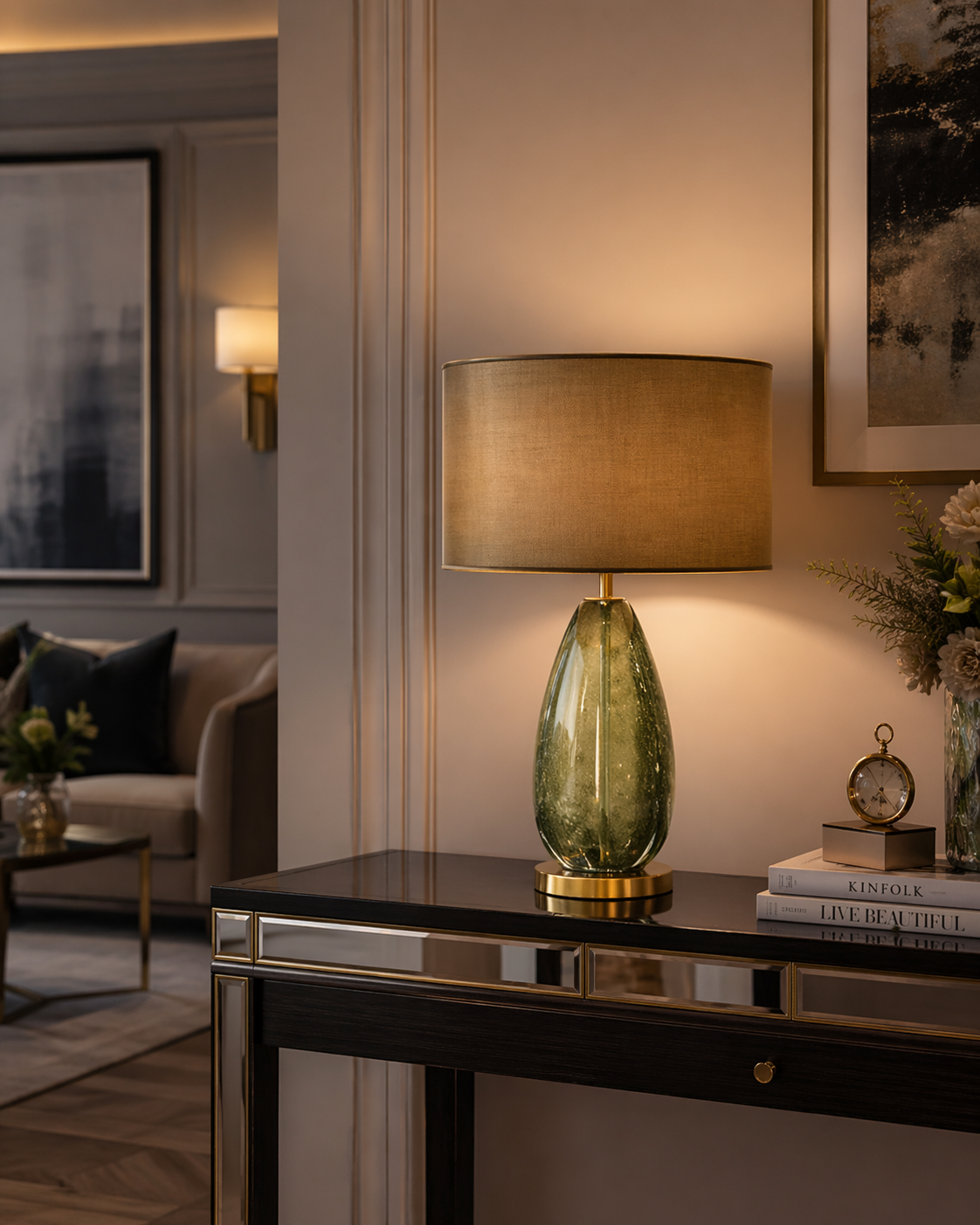 Olive Glow Glass Fabric Shade Table Lamp
