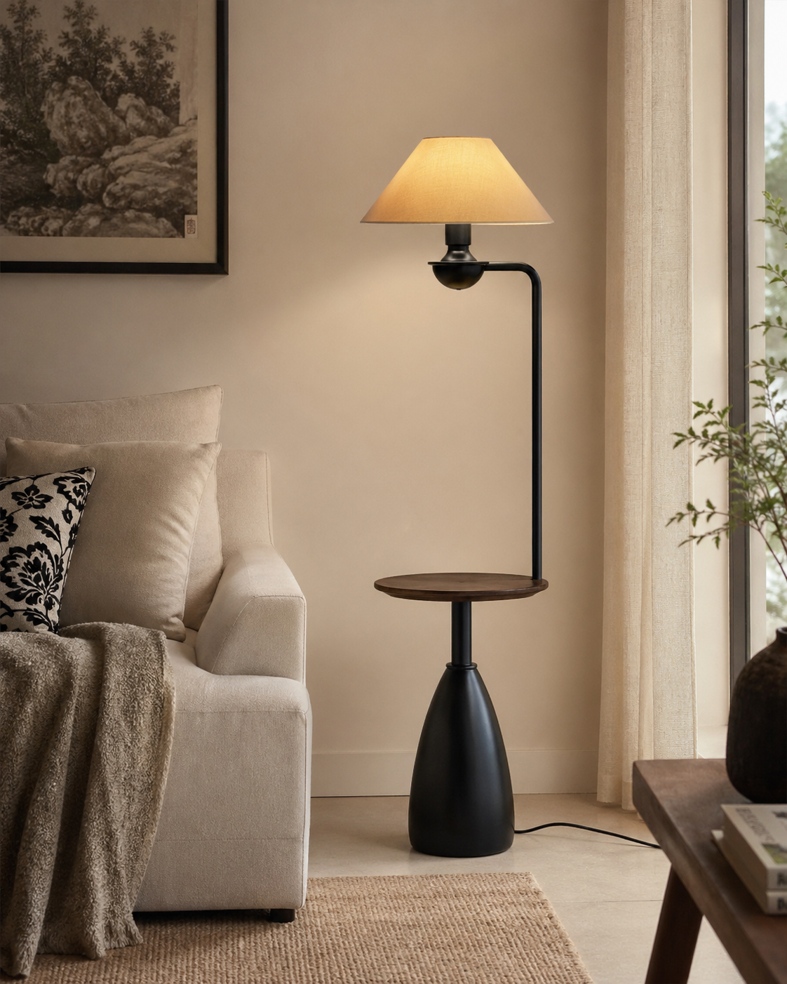 Arc Tray Wood Side Table Floor Lamp