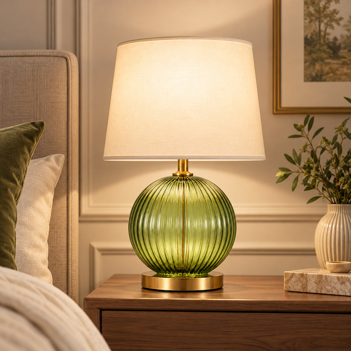 Olive Ribbed Glass Table Lamp