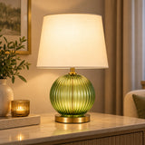 Olive Ribbed Glass Table Lamp