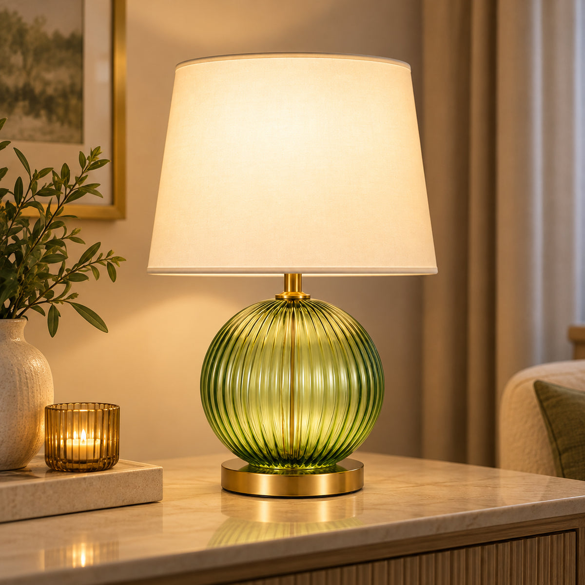 Olive Ribbed Glass Table Lamp
